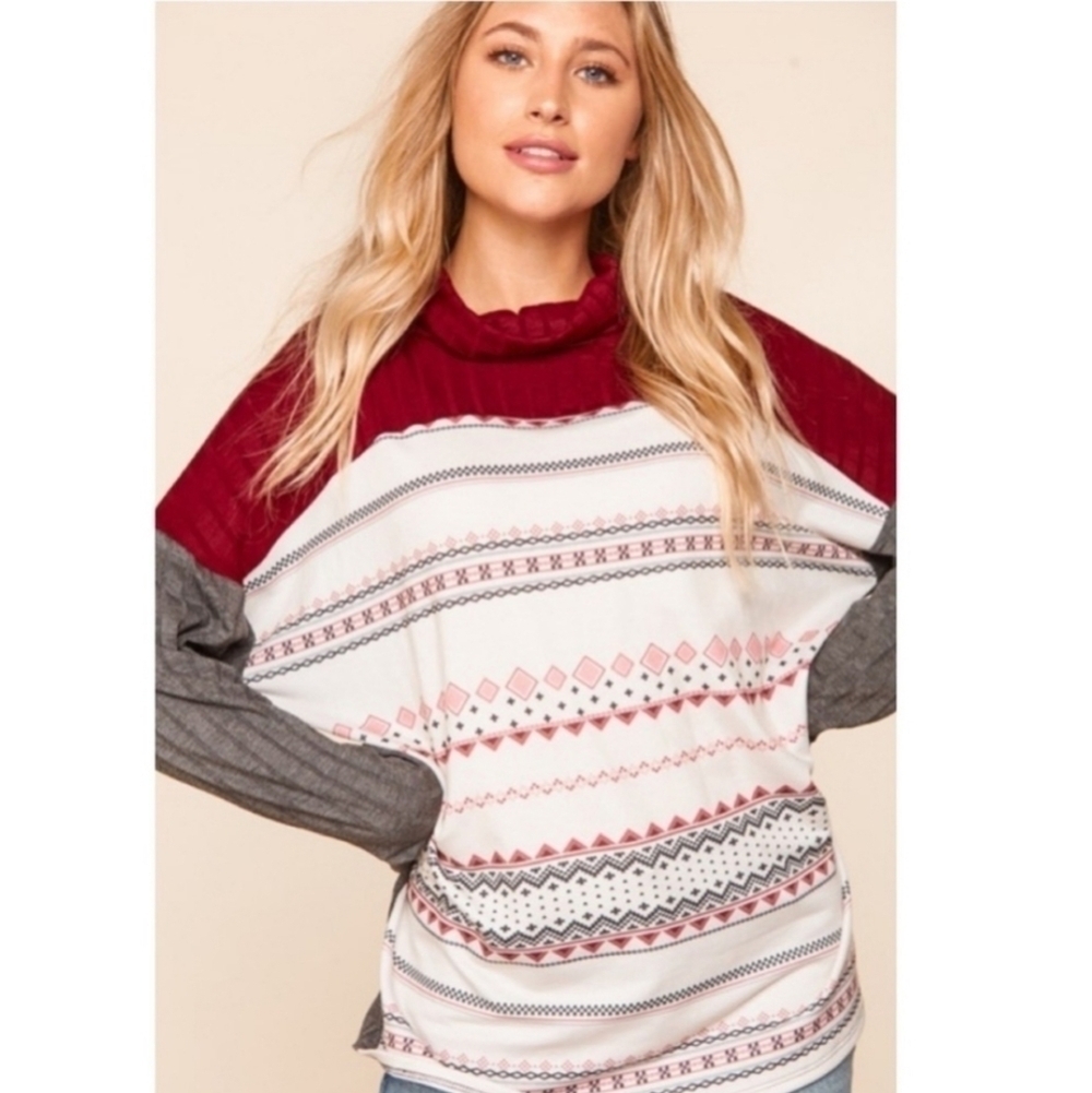 Ribbed Crimson Cowl Neck Turtleneck with French Terry Ethnic/Tribal Print - Picture 3 of 12